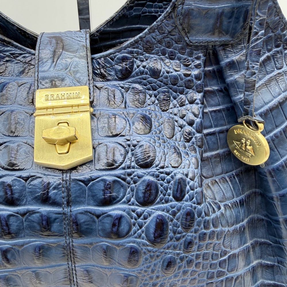 VTG Brahmin Melbourne Celia Crocs Embossed Leather Shoulder Bag Satchel Blue - Picture 12 of 14